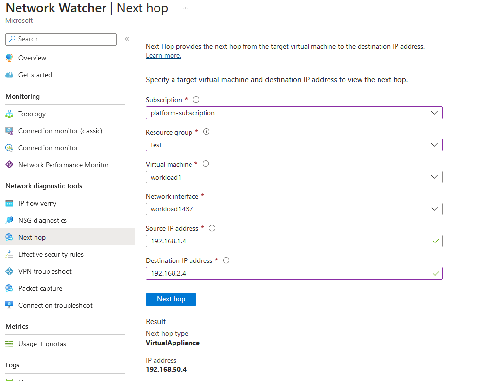 Routing traffic via an NVA in Azure Virtual WAN.