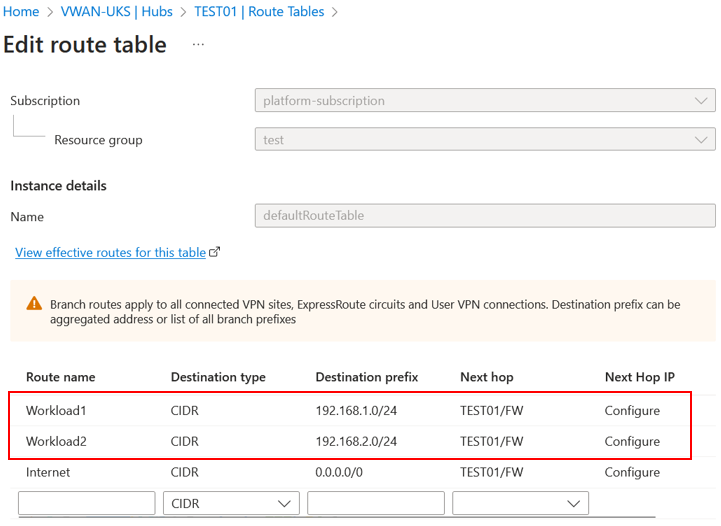 Routing traffic via an NVA in Azure Virtual WAN.