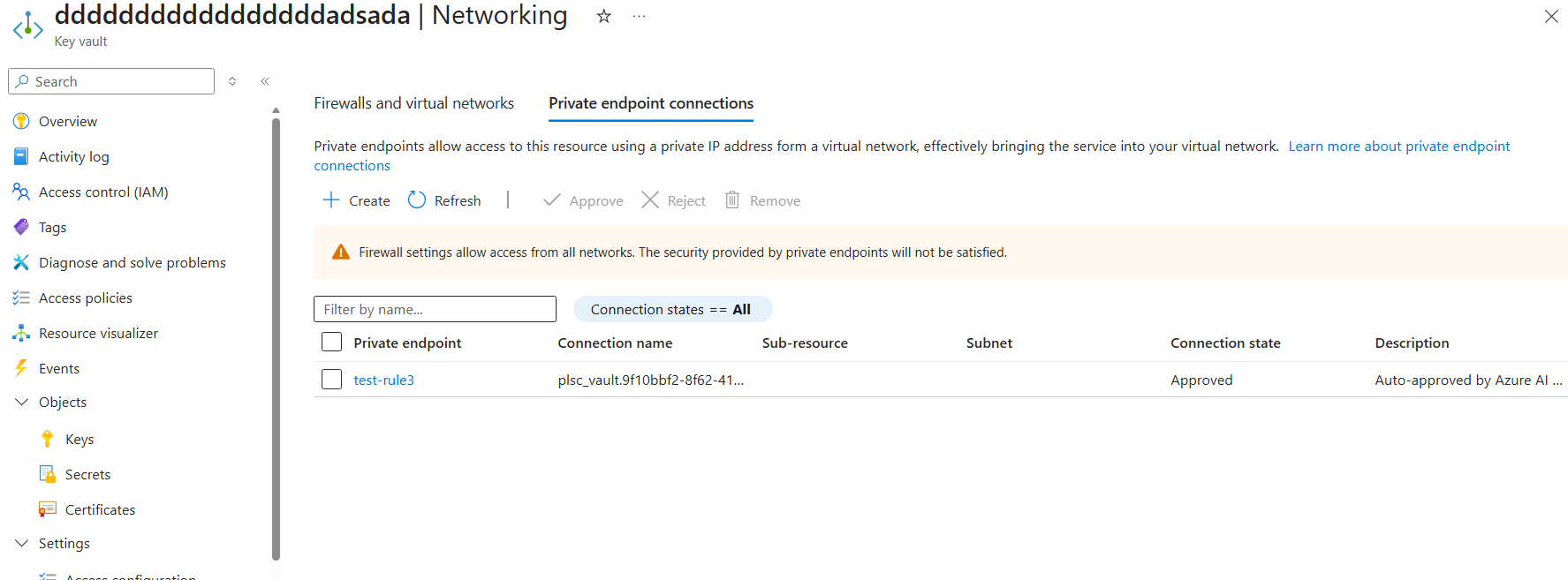 Key Vault private endpoint connection created from MVNet
